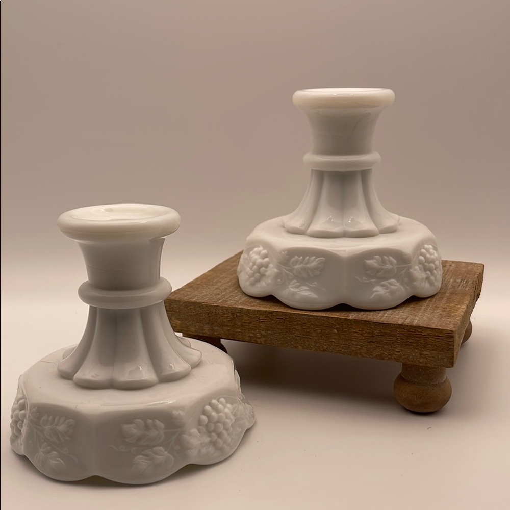 Vintage Westmoreland Milk Glass Elegant‎ Grape Design Candle Holders Set of 2